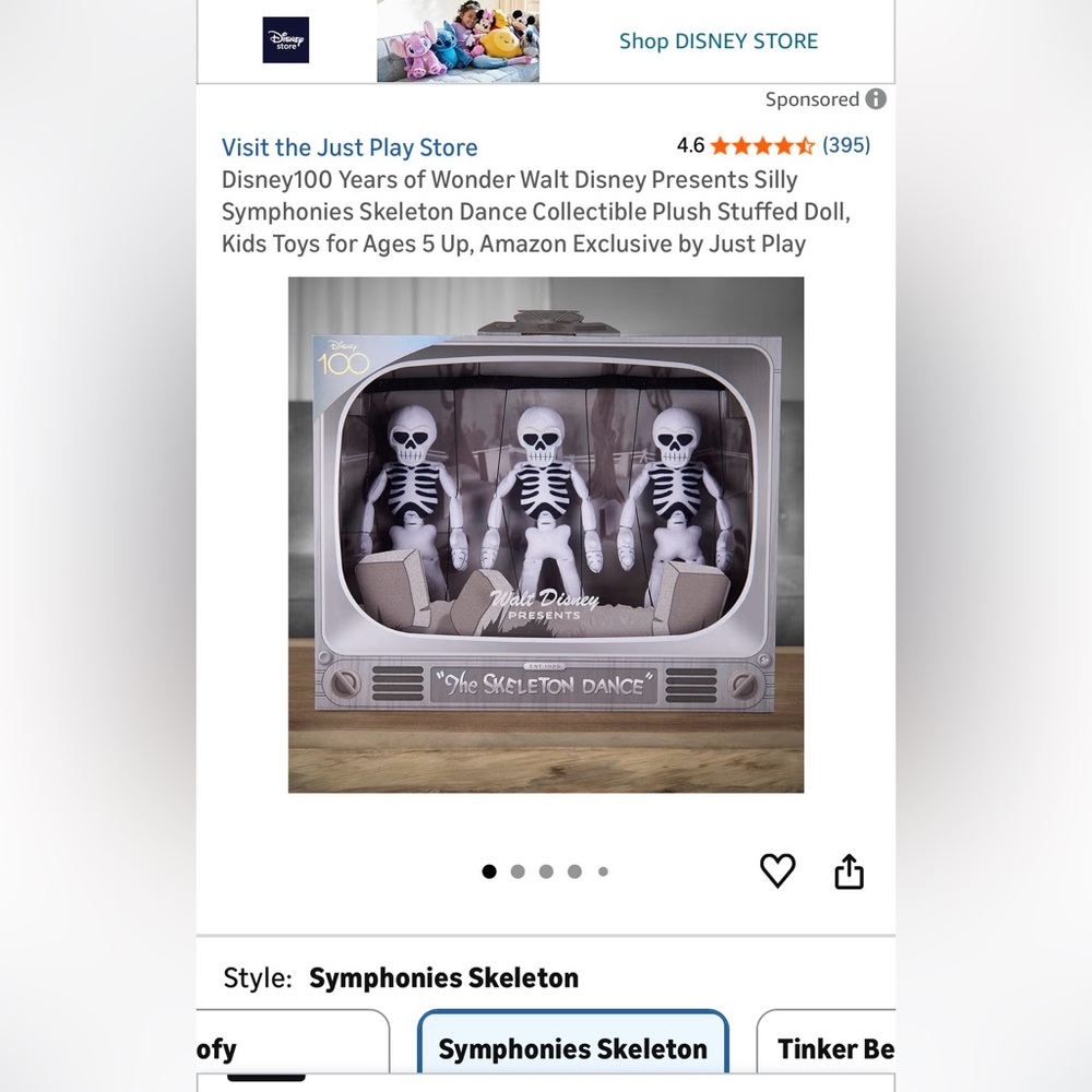 100 years of Disney Silly Symphony Skeleton Dance Plush Trio - Black and White